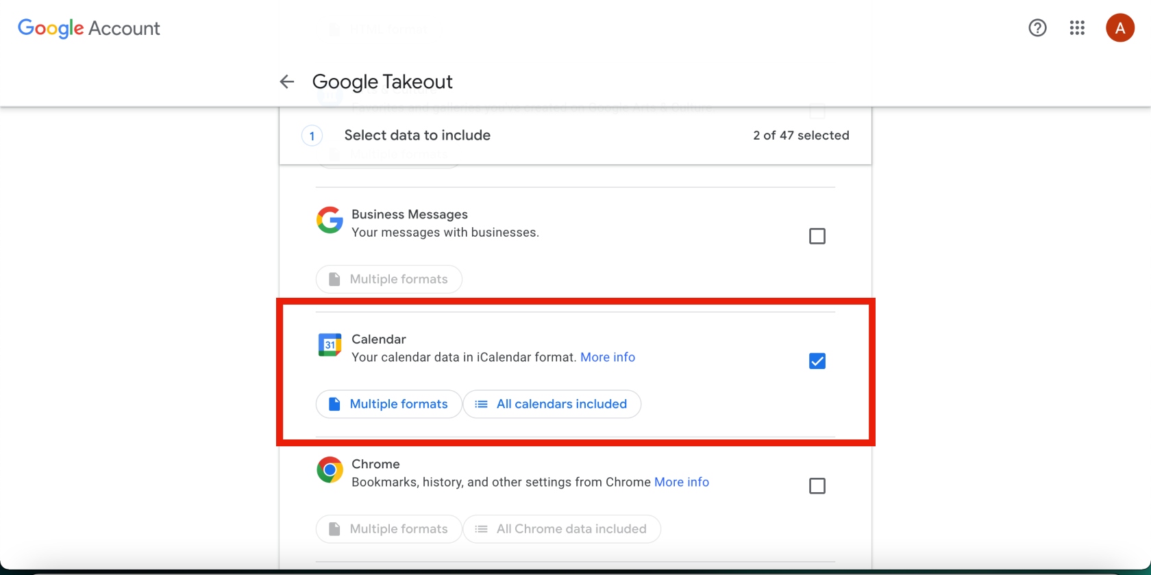 calendar selected in Google Takeout calendar selected in Google Takeout