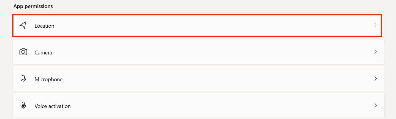Settings window on Windows 11, highlighting the Location option. Settings window on Windows 11, highlighting the Location option.