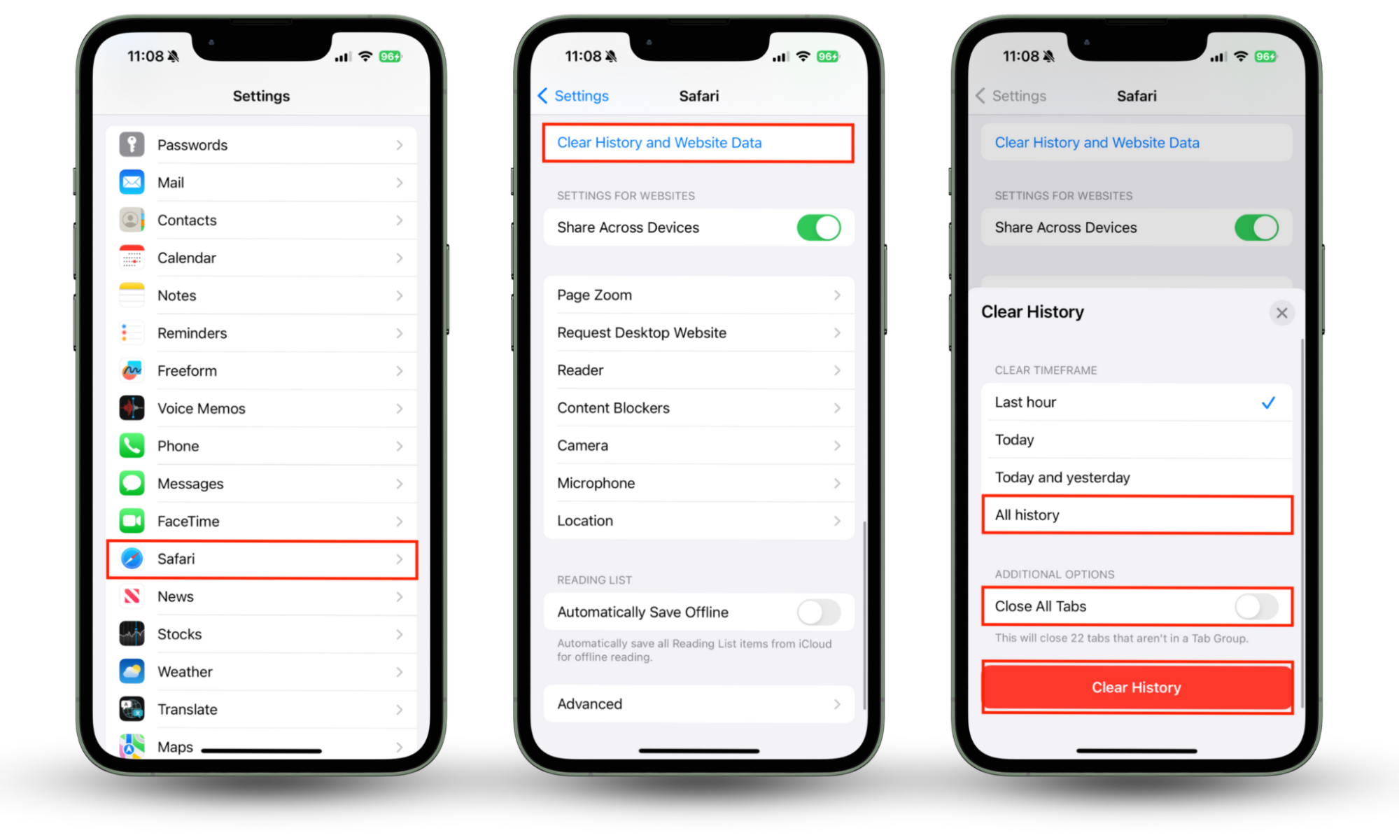 The Safari menu in Settings on iPhone. Tap Clear History and Website Data, then select All history and tap Clear History to remove any potentially dangerous data from a hacked iPhone. The Safari menu in Settings on iPhone. Tap Clear History and Website Data, then select All history and tap Clear History to remove any potentially dangerous data from a hacked iPhone.