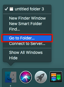Cleaning up junk data on macOS High Sierra by Right-clicking Finder in the dock of a Mac and selecting the Go to Folder option (as highlighted). Cleaning up junk data on macOS High Sierra by Right-clicking Finder in the dock of a Mac and selecting the Go to Folder option (as highlighted).