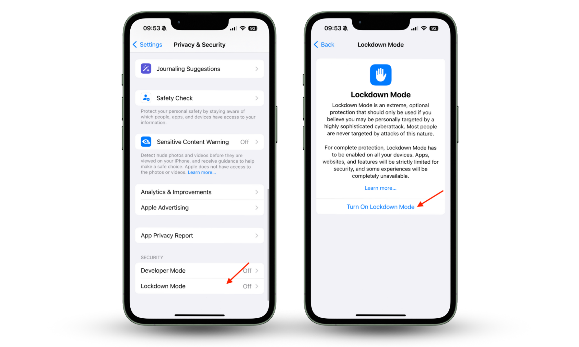 The Settings app on iPhone shows the Privacy & Security menu. Select Lockdown Mode, then tap Turn On Lockdown Mode to enable the feature. The Settings app on iPhone shows the Privacy & Security menu. Select Lockdown Mode, then tap Turn On Lockdown Mode to enable the feature.