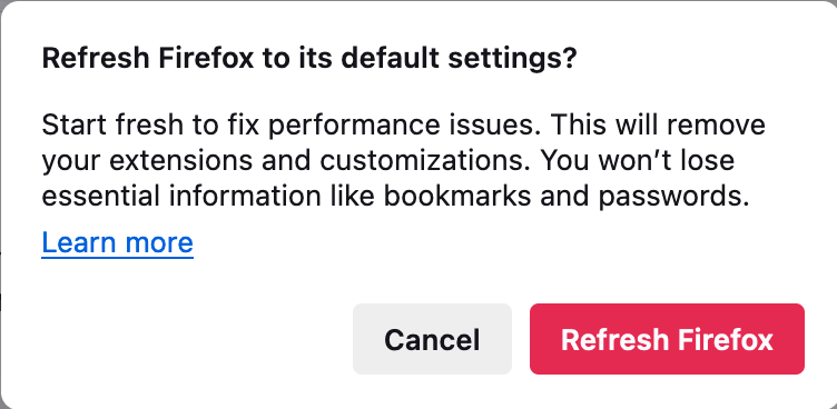 A screenshot of Firefox's reset pop-up window showing how to select Refresh Firefox and remove malware from Mac. A screenshot of Firefox's reset pop-up window showing how to select Refresh Firefox and remove malware from Mac.