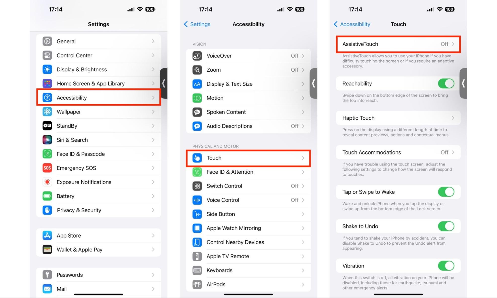 The Settings app on iPhone shows the Accessibility menu. Tap Touch, then AssitiveTouch to enable this feature. The Settings app on iPhone shows the Accessibility menu. Tap Touch, then AssitiveTouch to enable this feature.