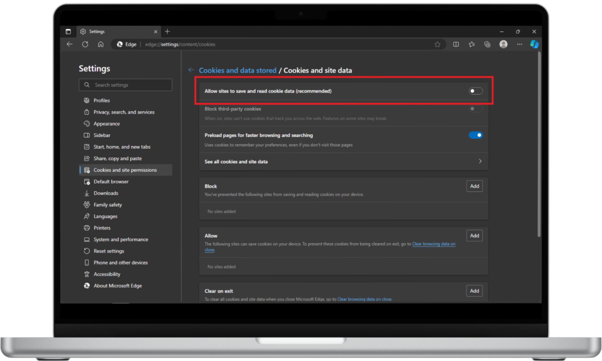 Windows screen showing steps to stop cookies in Microsoft Edge. Windows screen showing steps to stop cookies in Microsoft Edge.