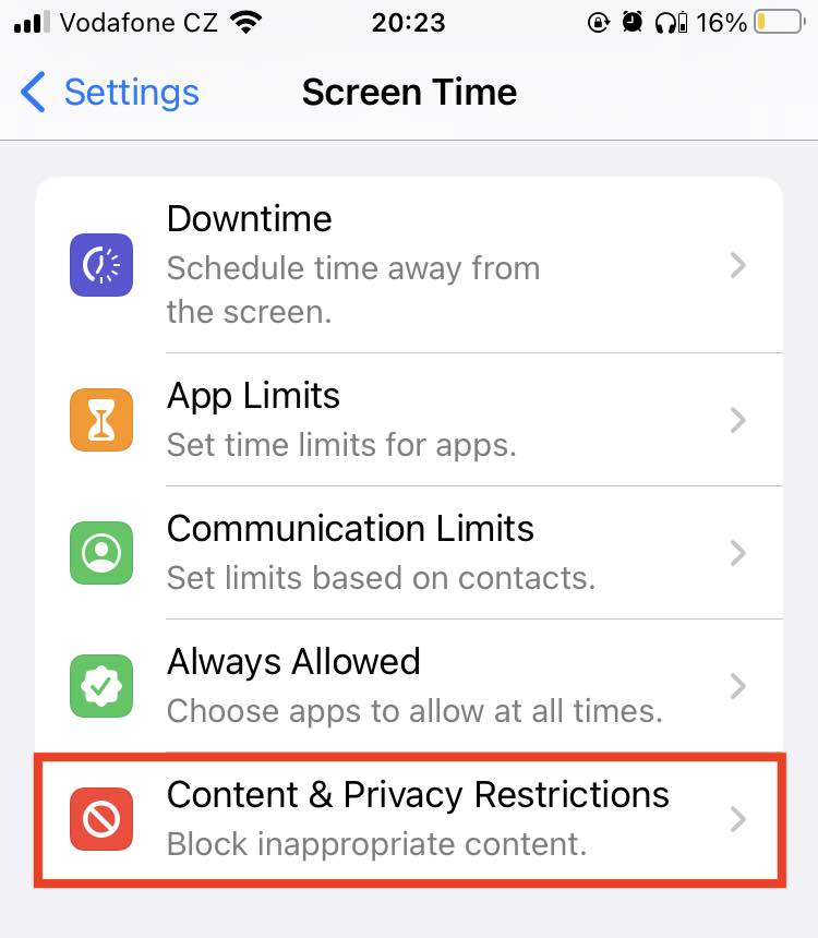 iPhone screen in the Screen Time menu with 'Content & Privacy Restrictions' highlighted iPhone screen in the Screen Time menu with 'Content & Privacy Restrictions' highlighted