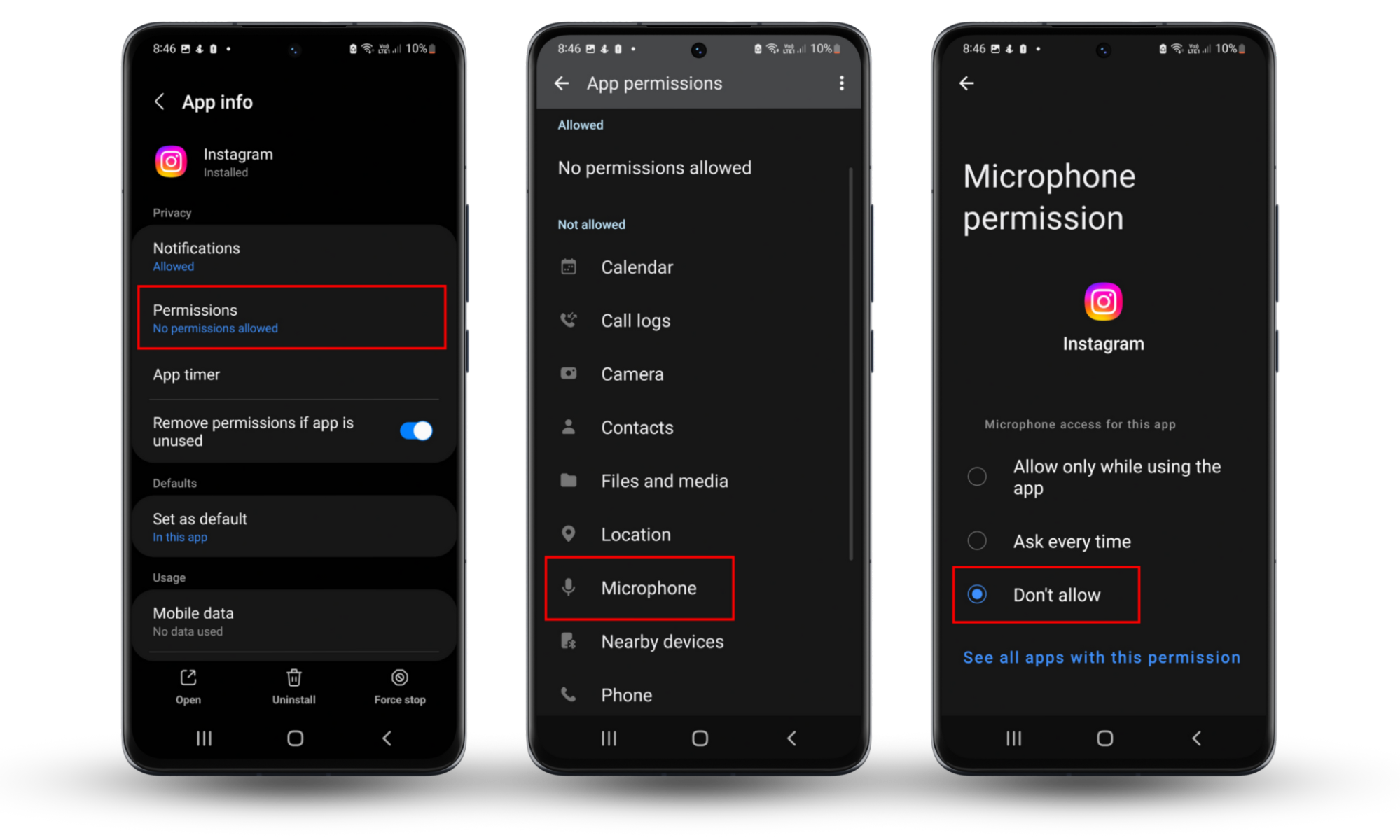 A screenshot of an Android screen showing how to change Instagram's microphone permissions to don't allow to stop Instagram from spying on you. A screenshot of an Android screen showing how to change Instagram's microphone permissions to don't allow to stop Instagram from spying on you.