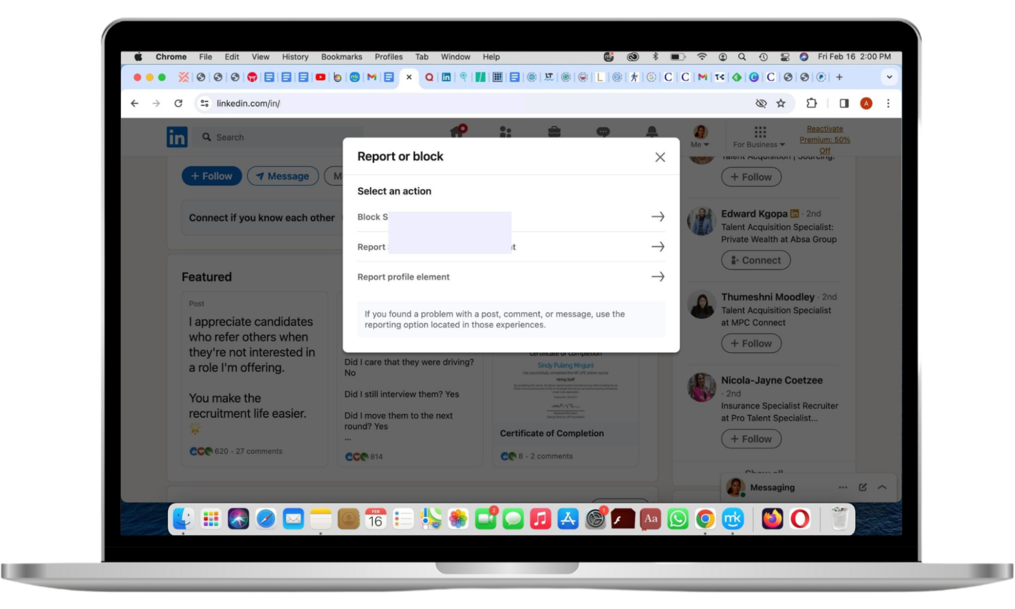 To protect yourself from ex-stalking on LinkedIn, block or report them. Open their profile > More > Report / block > Report profile element and follow the prompts to report them, or Block [name] > Block.