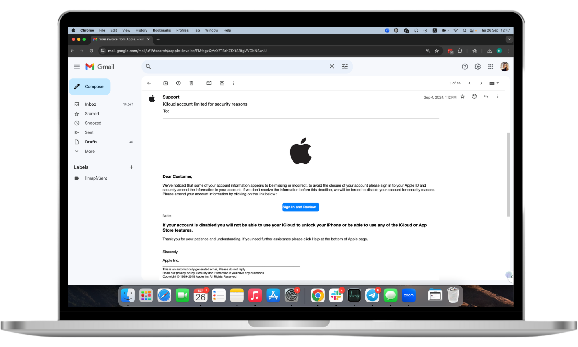 Screenshot of a fraudulent iCloud email claiming that the iCloud account will be locked as part of a fake Apple scam. Screenshot of a fraudulent iCloud email claiming that the iCloud account will be locked as part of a fake Apple scam.