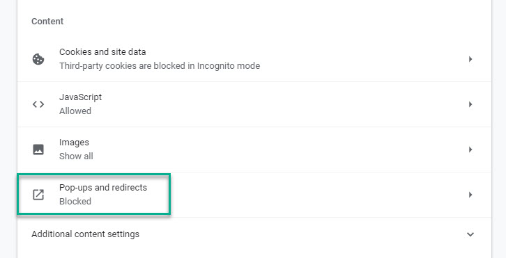 Site Settings > Pop-ups and redirects Site Settings > Pop-ups and redirects