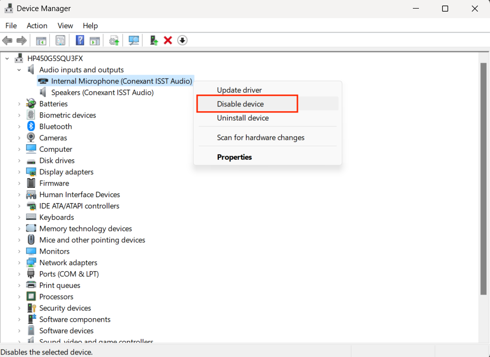 The device manager window on Windows 11, with a Microphone option right-clicked and disable device highlighted. The device manager window on Windows 11, with a Microphone option right-clicked and disable device highlighted.
