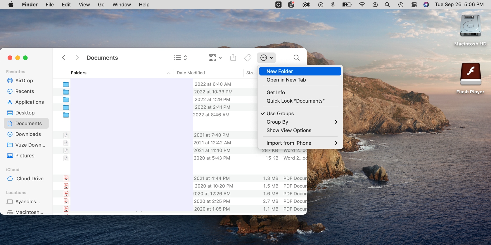 Creating a new folder in the documents folder on a Mac. Creating a new folder in the documents folder on a Mac.