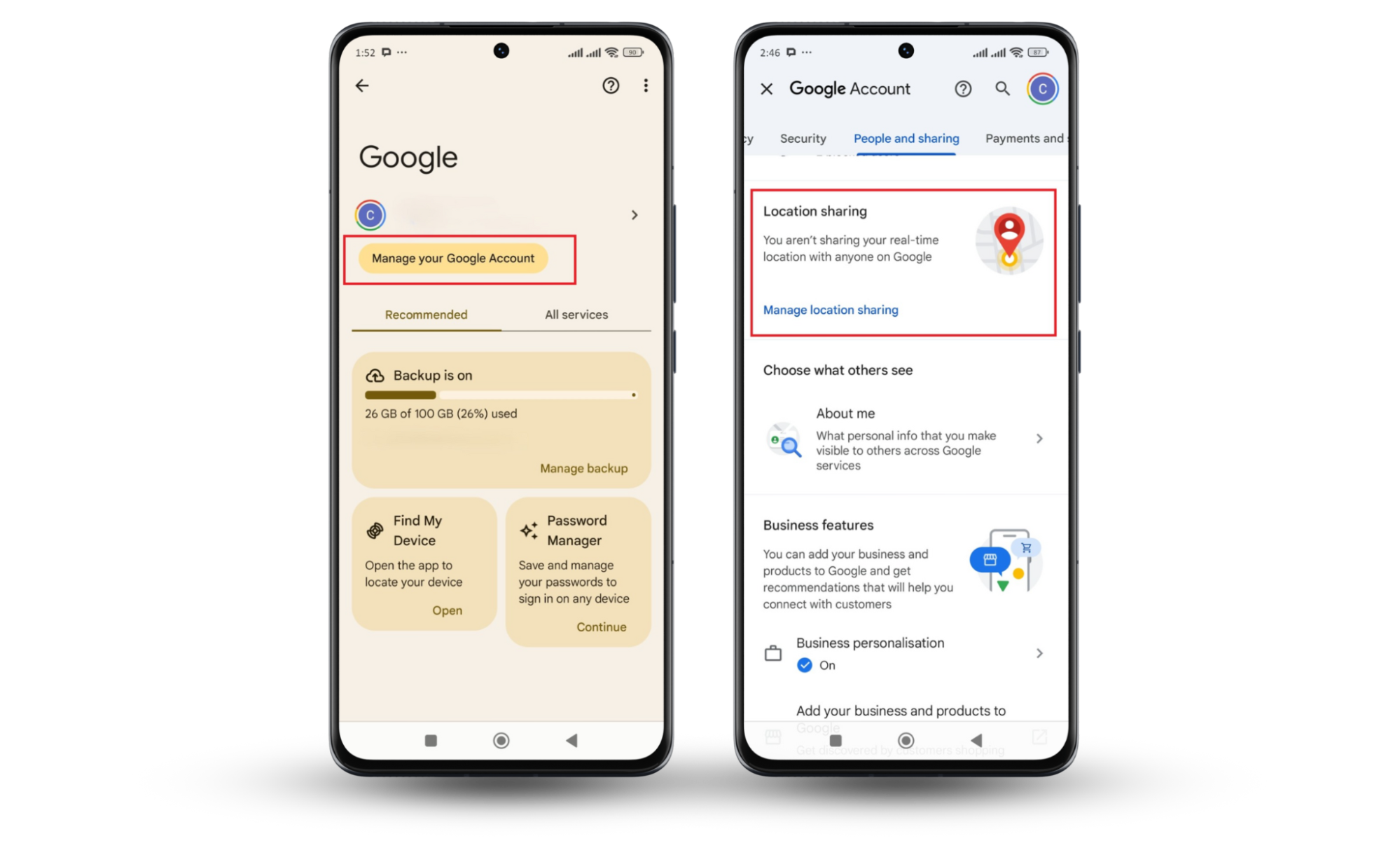Google account settings showing the Location sharing feature so you can check if your husband is tracking you. Google account settings showing the Location sharing feature so you can check if your husband is tracking you.