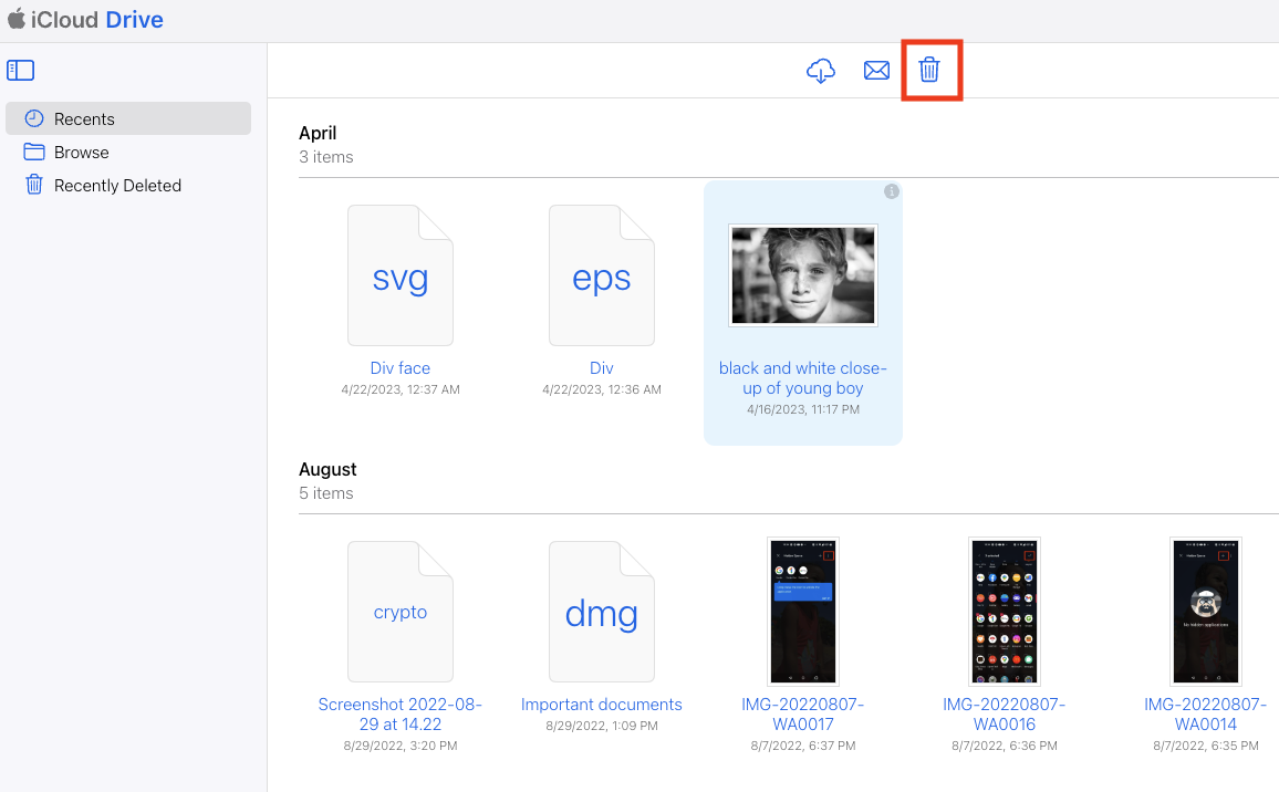 The iCloud Drive online file manager. From here, you can select files, then click the trash icon to send them to the The iCloud Drive online file manager. From here, you can select files, then click the trash icon to send them to the