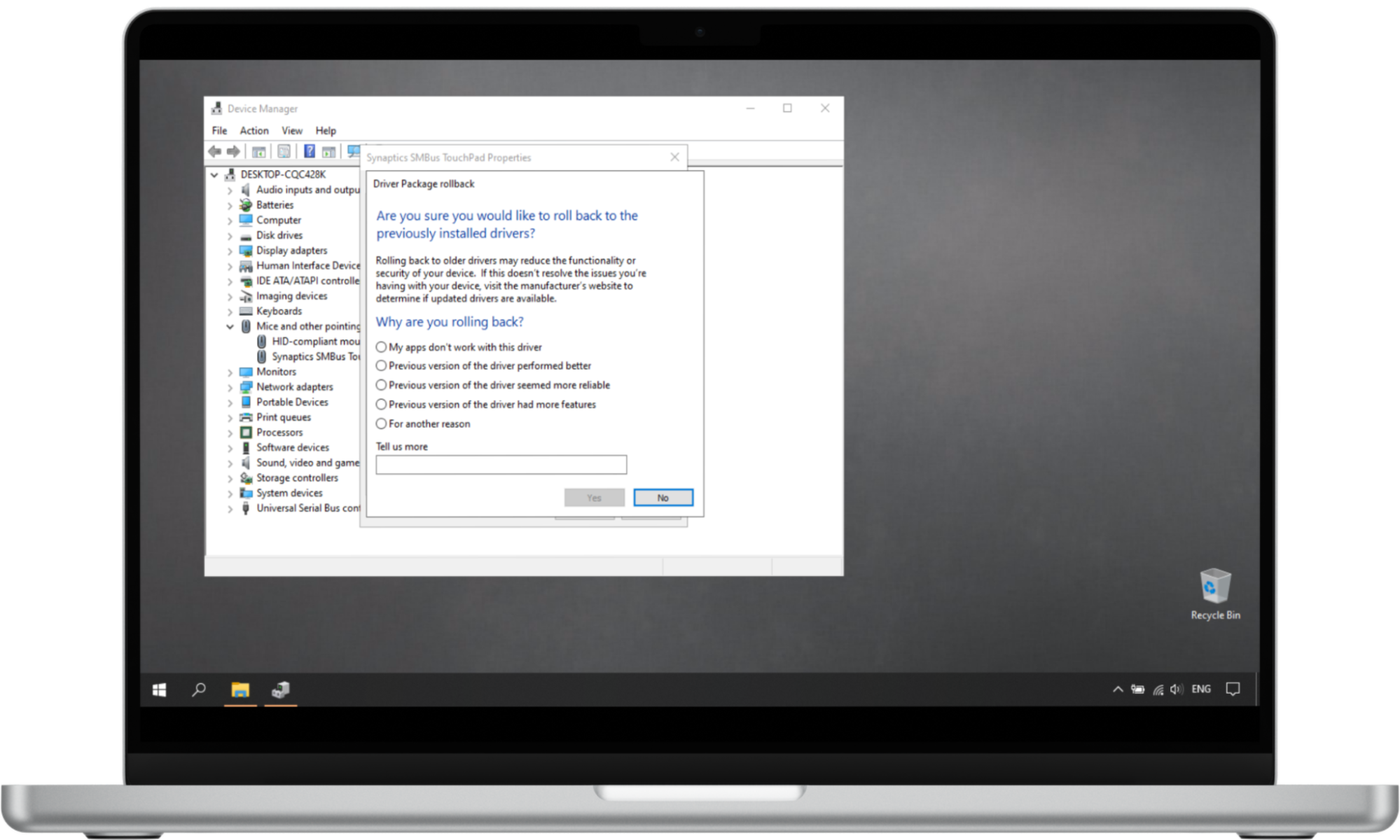 Continue the process of rolling back a driver update on Windows 10 by following the on-screen prompts after clicking on Roll Back Driver. Continue the process of rolling back a driver update on Windows 10 by following the on-screen prompts after clicking on Roll Back Driver.