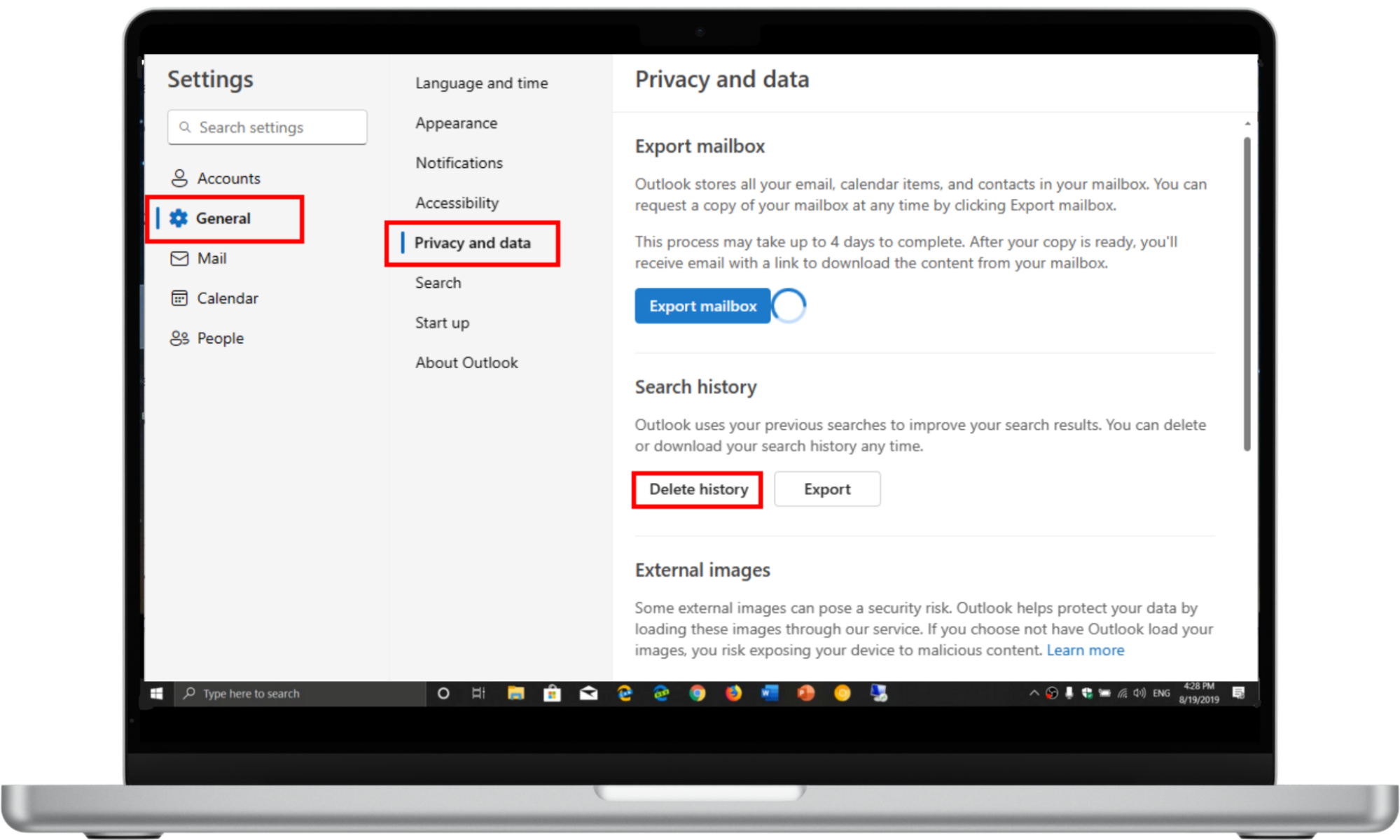 A screenshot of Microsoft Outlook's General settings showing how to navigate to the Delete history option. A screenshot of Microsoft Outlook's General settings showing how to navigate to the Delete history option.