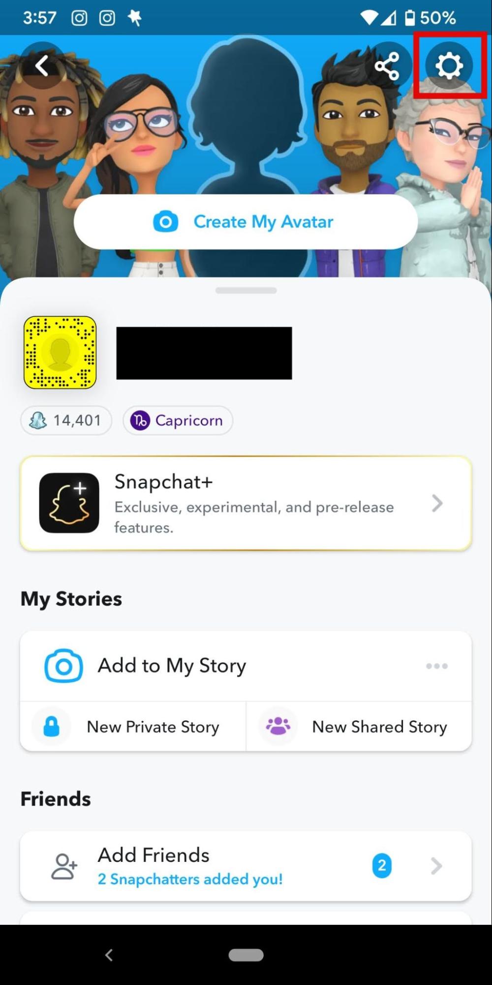 Screenshot of Snapchat mobile app home screen with settings icon in top right corner highlighted Screenshot of Snapchat mobile app home screen with settings icon in top right corner highlighted