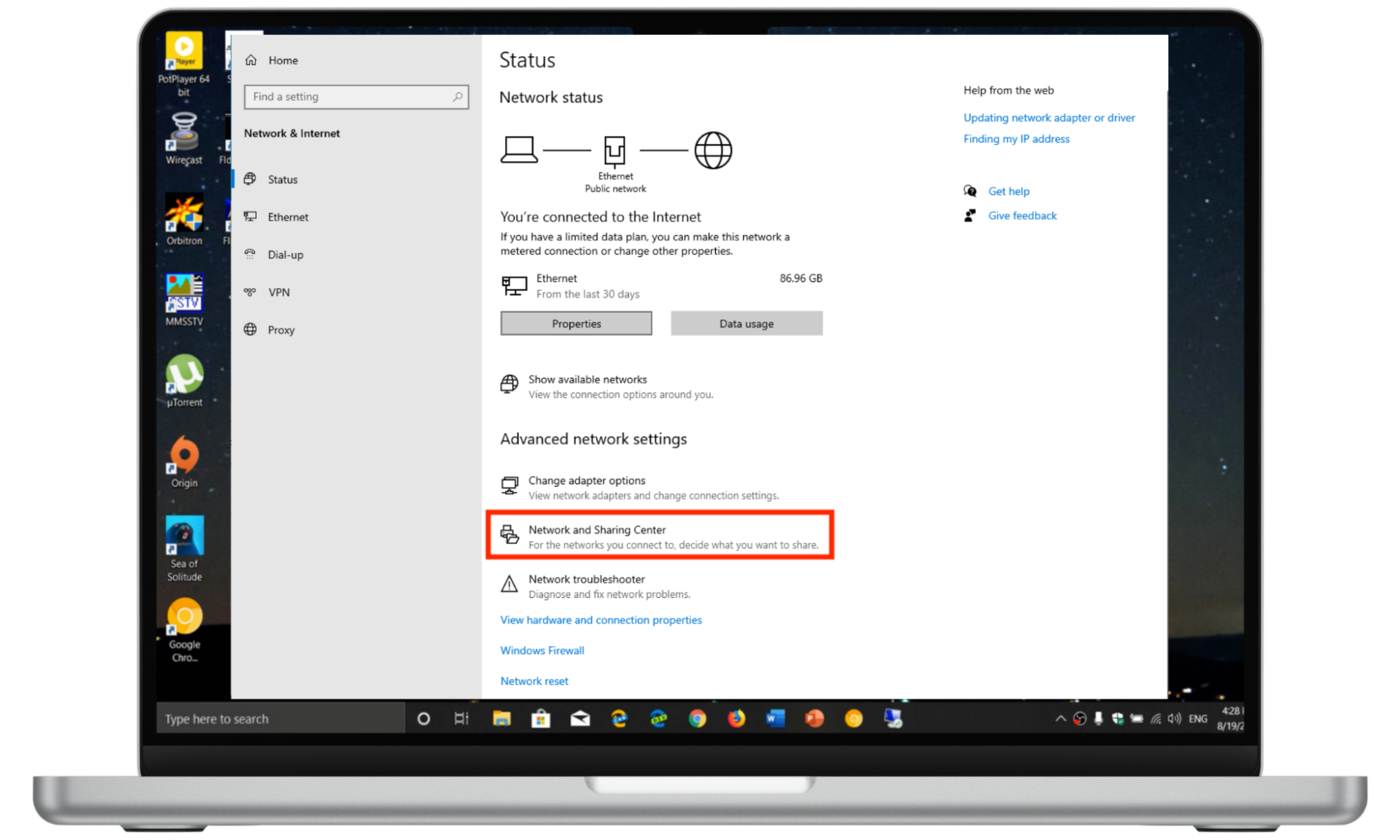 A Windows device depicting how to open a Network and Sharing Center. A Windows device depicting how to open a Network and Sharing Center.