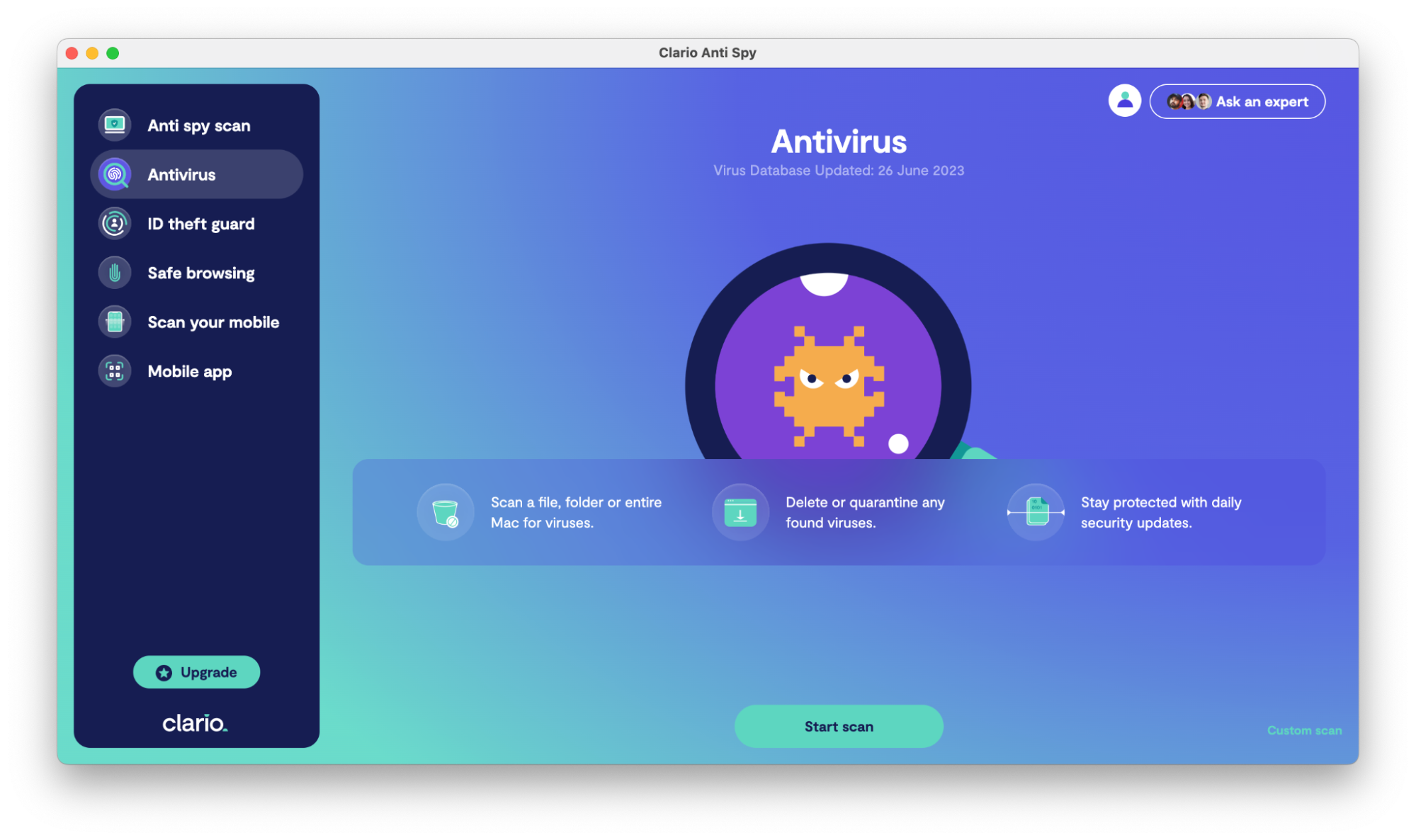 Clario AntiSpy dashboard showing how to scan your laptop for viruses Clario AntiSpy dashboard showing how to scan your laptop for viruses