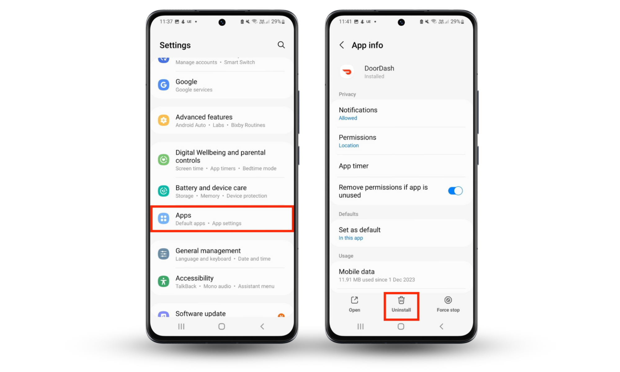 An Android device with instructions on how to uninstall apps. An Android device with instructions on how to uninstall apps.