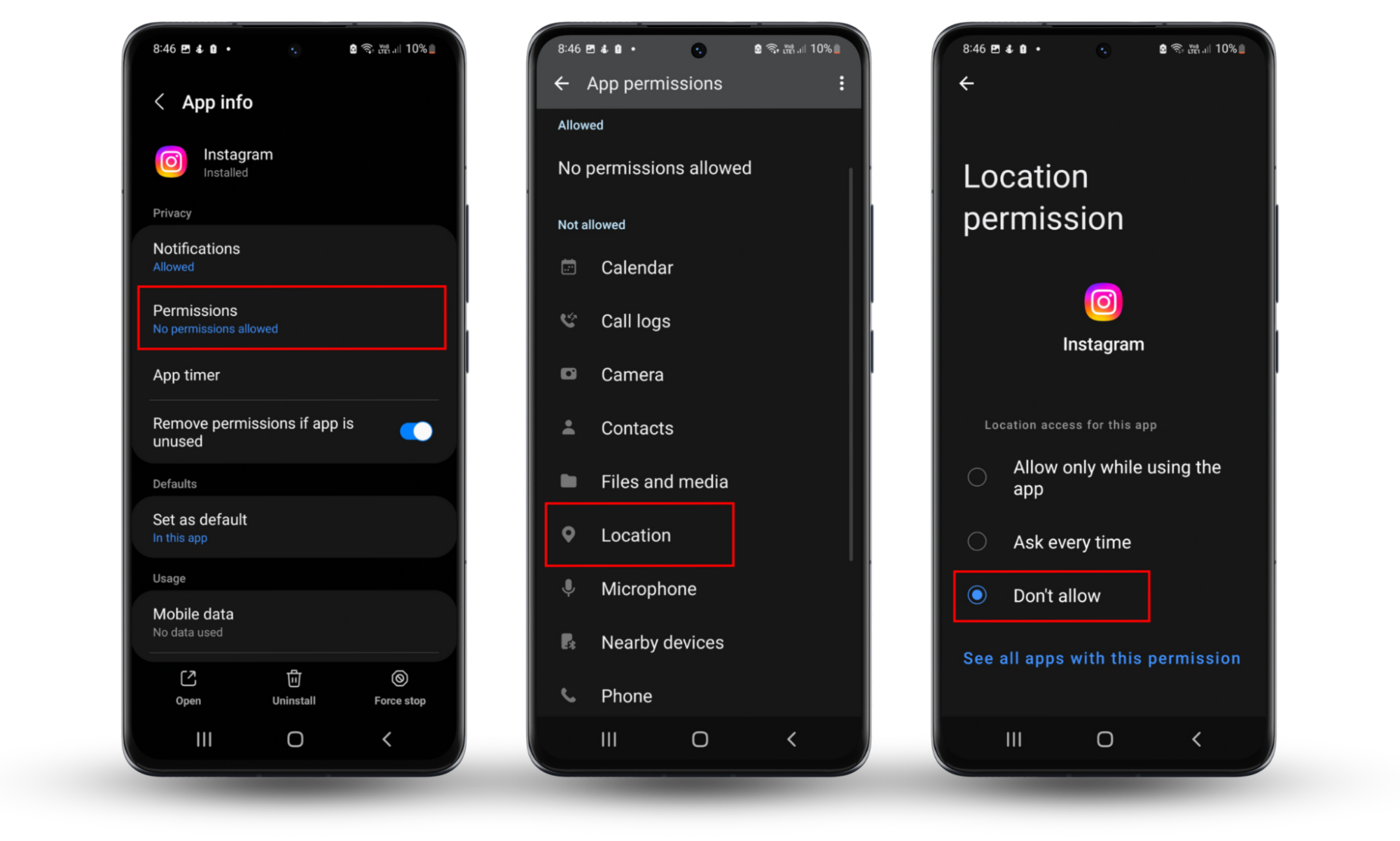 A screenshot of an Android screen showing how to change Instagram's location permissions to don't allow to stop Instagram from spying on you. A screenshot of an Android screen showing how to change Instagram's location permissions to don't allow to stop Instagram from spying on you.