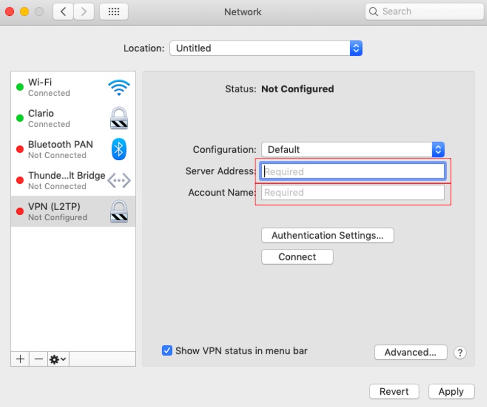 Add the server address and account name Add the server address and account name