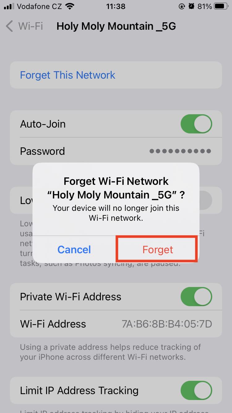 iPhone screen in the Wi-Fi settings menu confirming the option to 'forget' a selected Wi-Fi network. iPhone screen in the Wi-Fi settings menu confirming the option to 'forget' a selected Wi-Fi network.