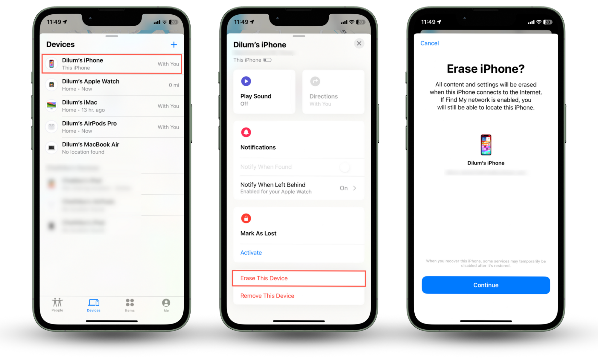 Screenshots that demonstrate how to wipe your iPhone's data remotely. Find My iPhone does not fully work if your phone is dead. Screenshots that demonstrate how to wipe your iPhone's data remotely. Find My iPhone does not fully work if your phone is dead.