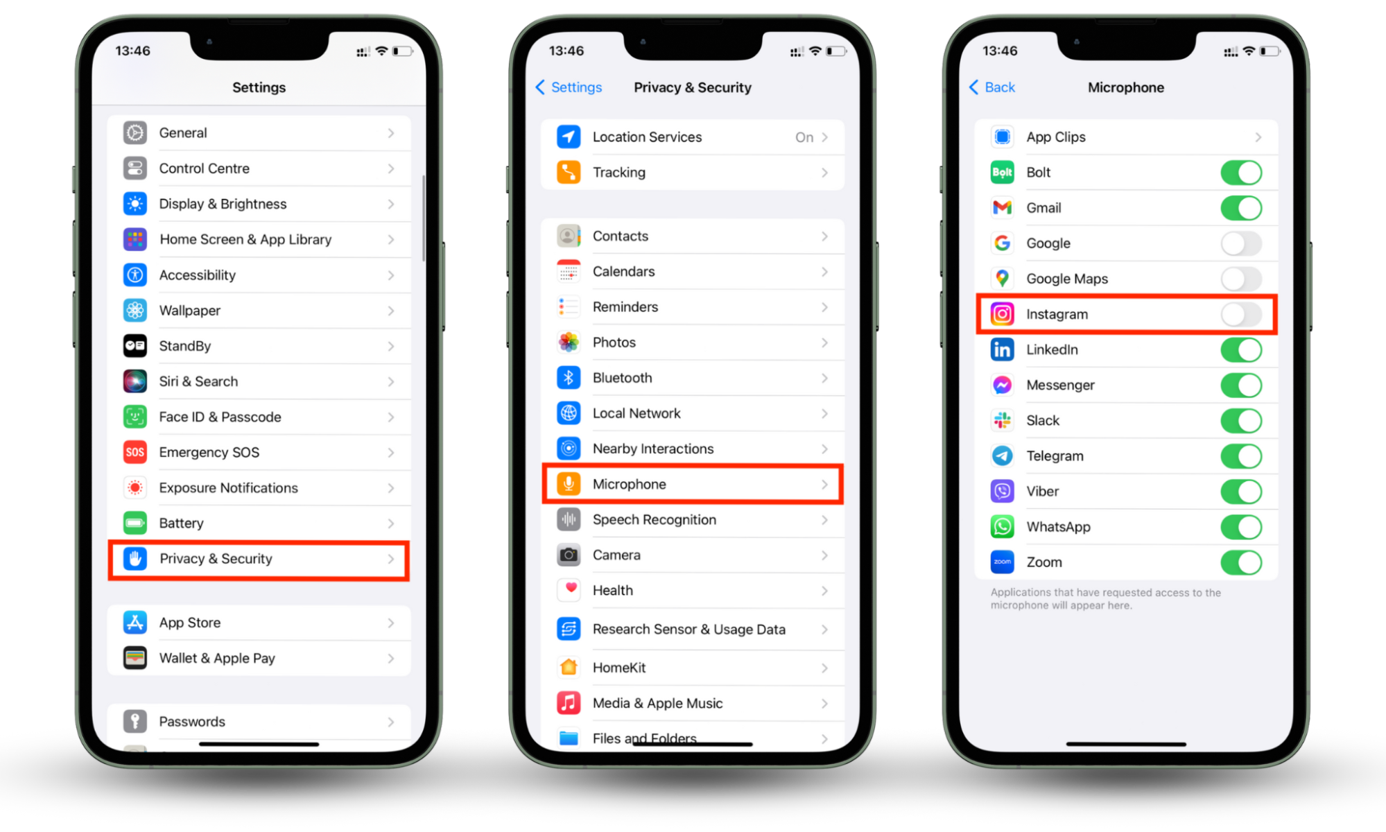 Screenshots of an iPhone showing how to toggle off microphone access for the Instagram app to prevent it from spying on you. Screenshots of an iPhone showing how to toggle off microphone access for the Instagram app to prevent it from spying on you.