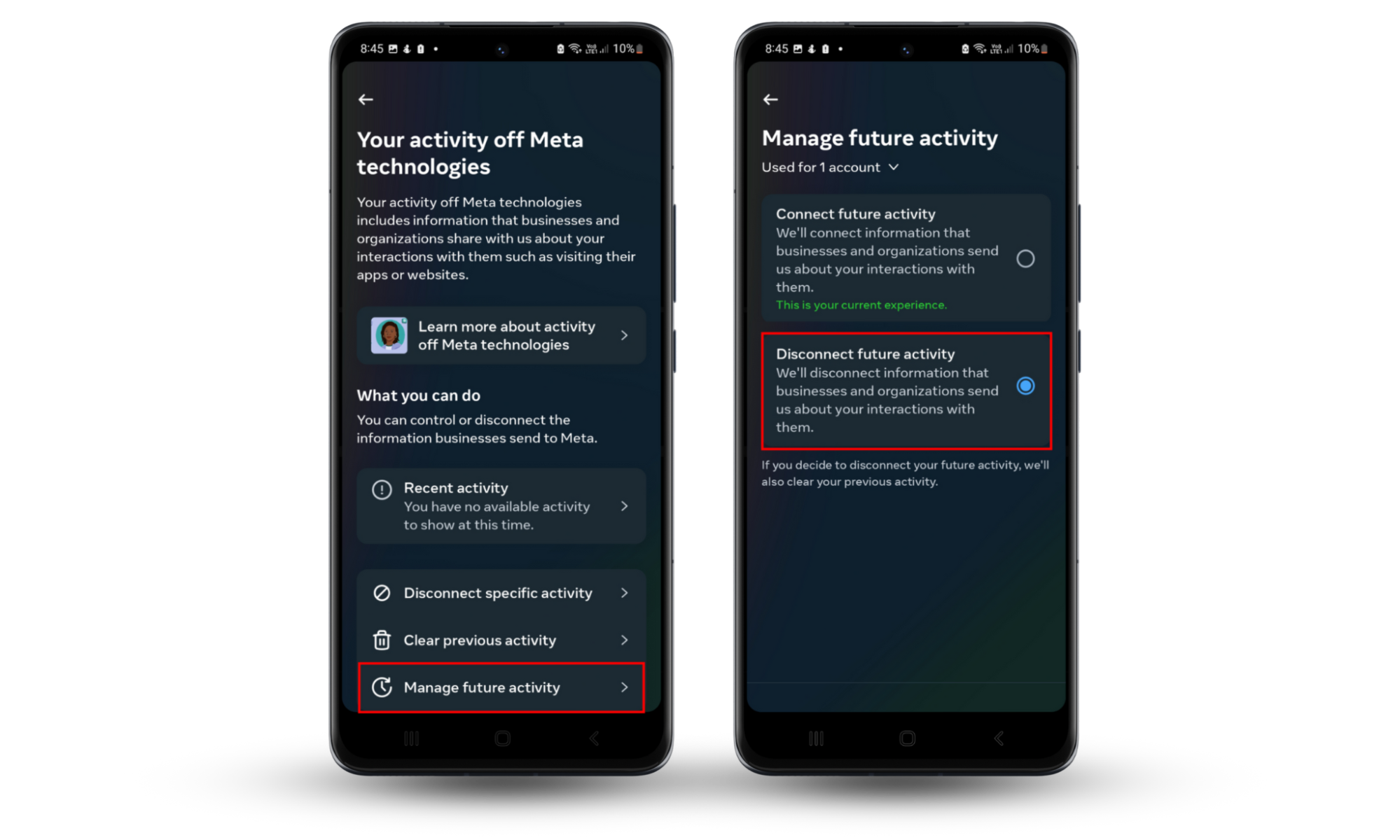 A screenshot of an Android screen showing how to disconnect future activity so that Instagram cannot spy on you. A screenshot of an Android screen showing how to disconnect future activity so that Instagram cannot spy on you.