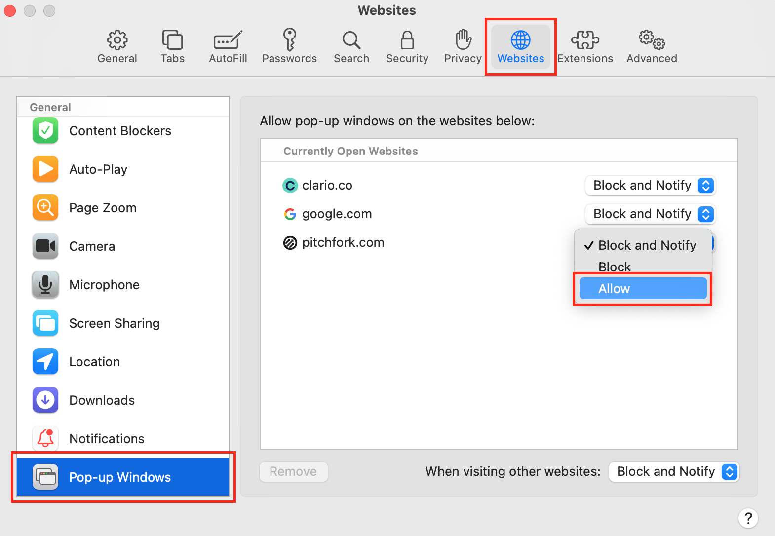 To allow pop-ups on Safari for all websites, Open Safari, select Preferences. In the Websites tab, click Pop-up Windows. Set the When visiting other websites option to Allow. To allow pop-ups on Safari for all websites, Open Safari, select Preferences. In the Websites tab, click Pop-up Windows. Set the When visiting other websites option to Allow.