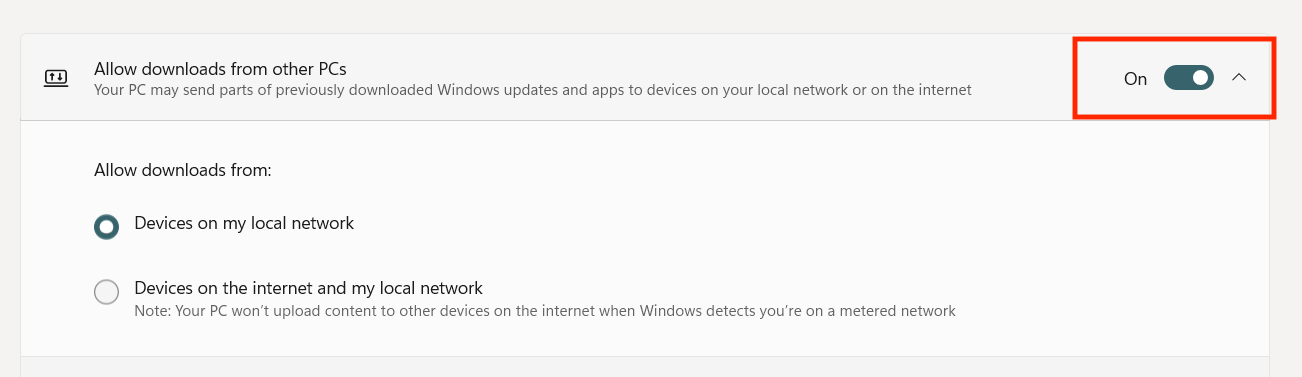 The Allow downloads from other PCs tab highlighted on Windows 11. The Allow downloads from other PCs tab highlighted on Windows 11.