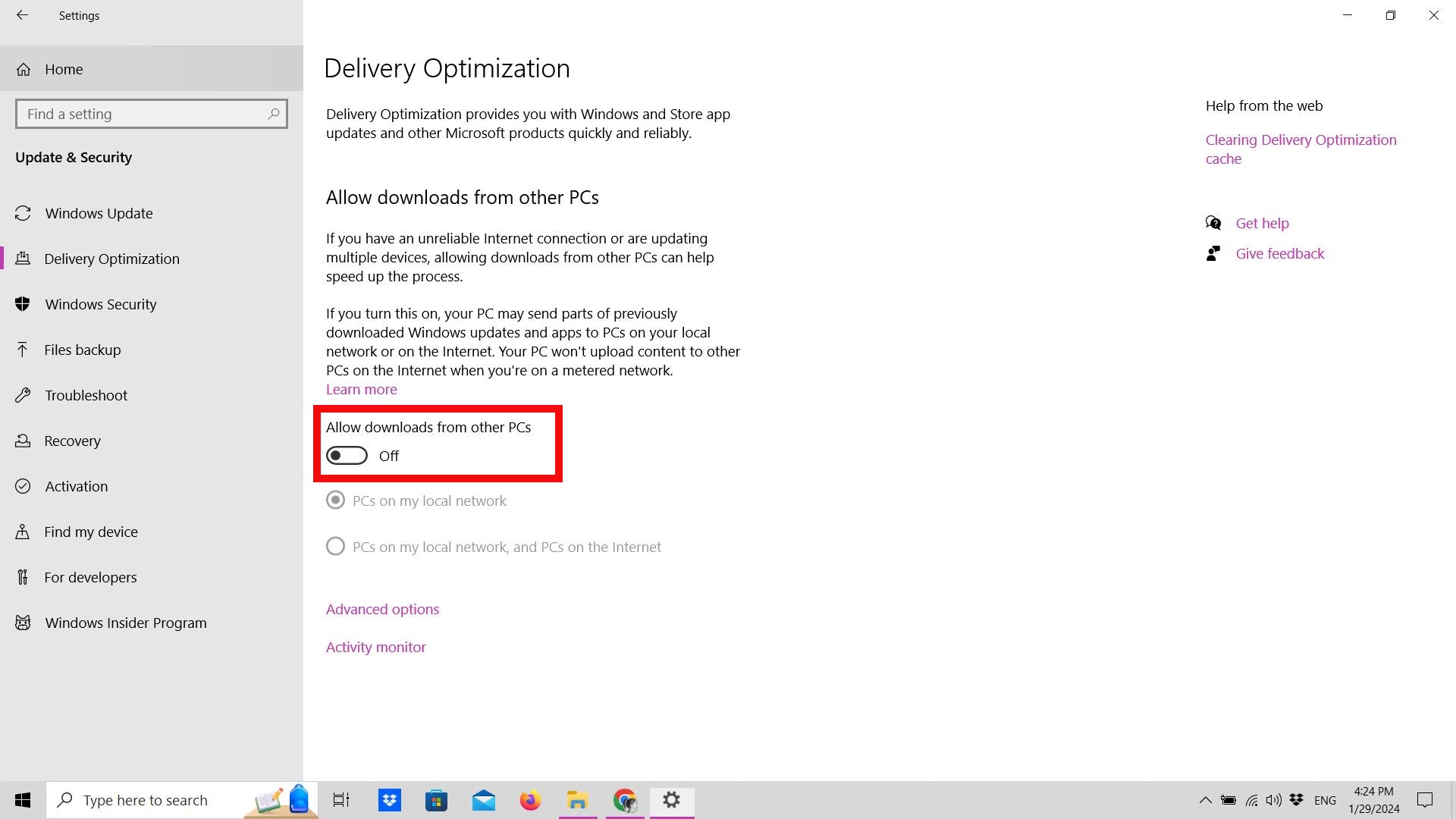 Delivery optimization settings in Windows 10 Delivery optimization settings in Windows 10