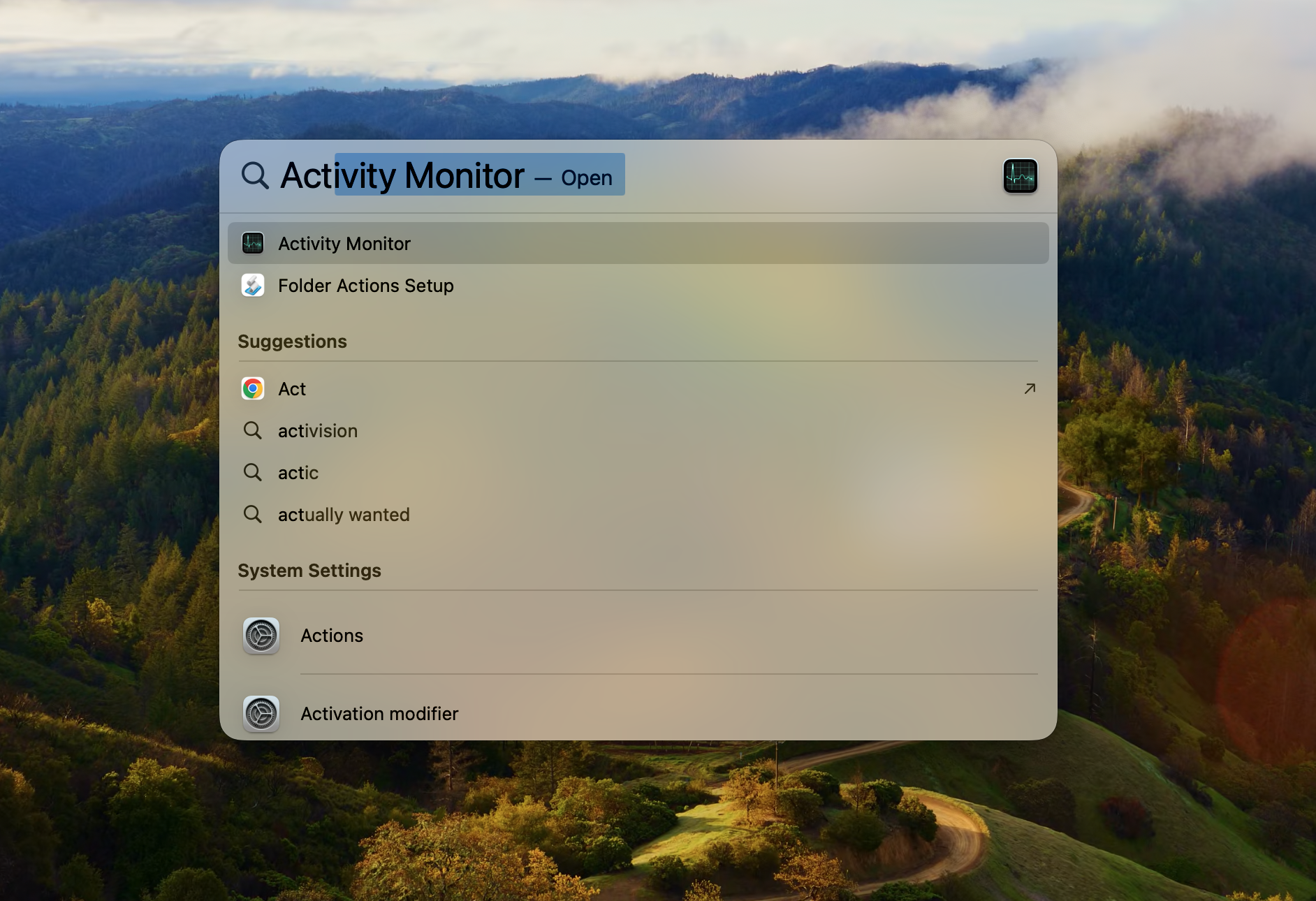 A screenshot of the search window showing how to select the Activity Monitor and remove malware from Mac. A screenshot of the search window showing how to select the Activity Monitor and remove malware from Mac.