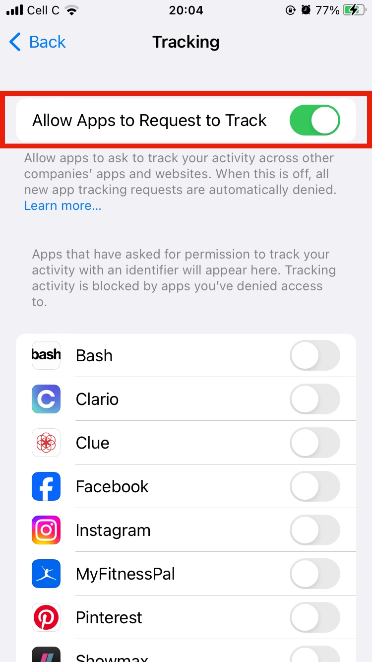 The Allow Apps to Request to Track option is outlined in red in iPhone's privacy settings. The Allow Apps to Request to Track option is outlined in red in iPhone's privacy settings.