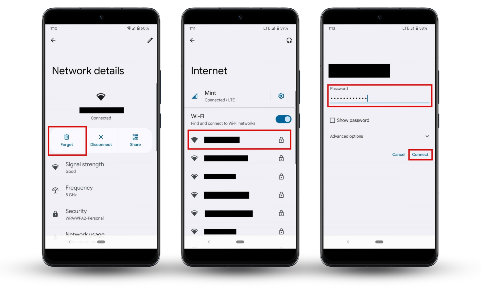 If your phone won't connect to Wi-Fi, forget Wi-Fi and reconnect on Android again. Tap Forget. Select the same Wi-Fi network. If your phone won't connect to Wi-Fi, forget Wi-Fi and reconnect on Android again. Tap Forget. Select the same Wi-Fi network.