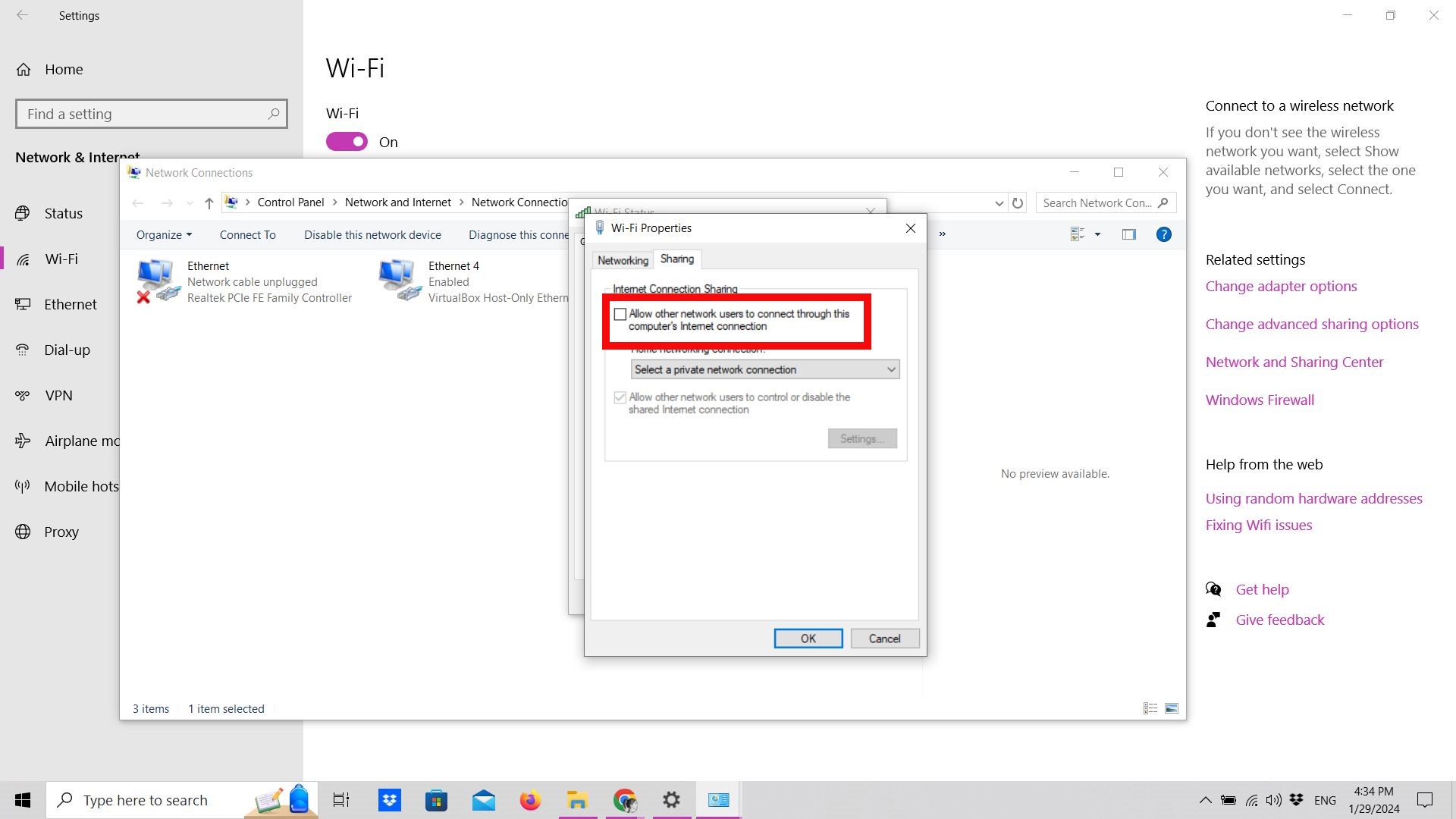 Disabling sharing in Wi-Fi properties in Windows 10 Disabling sharing in Wi-Fi properties in Windows 10