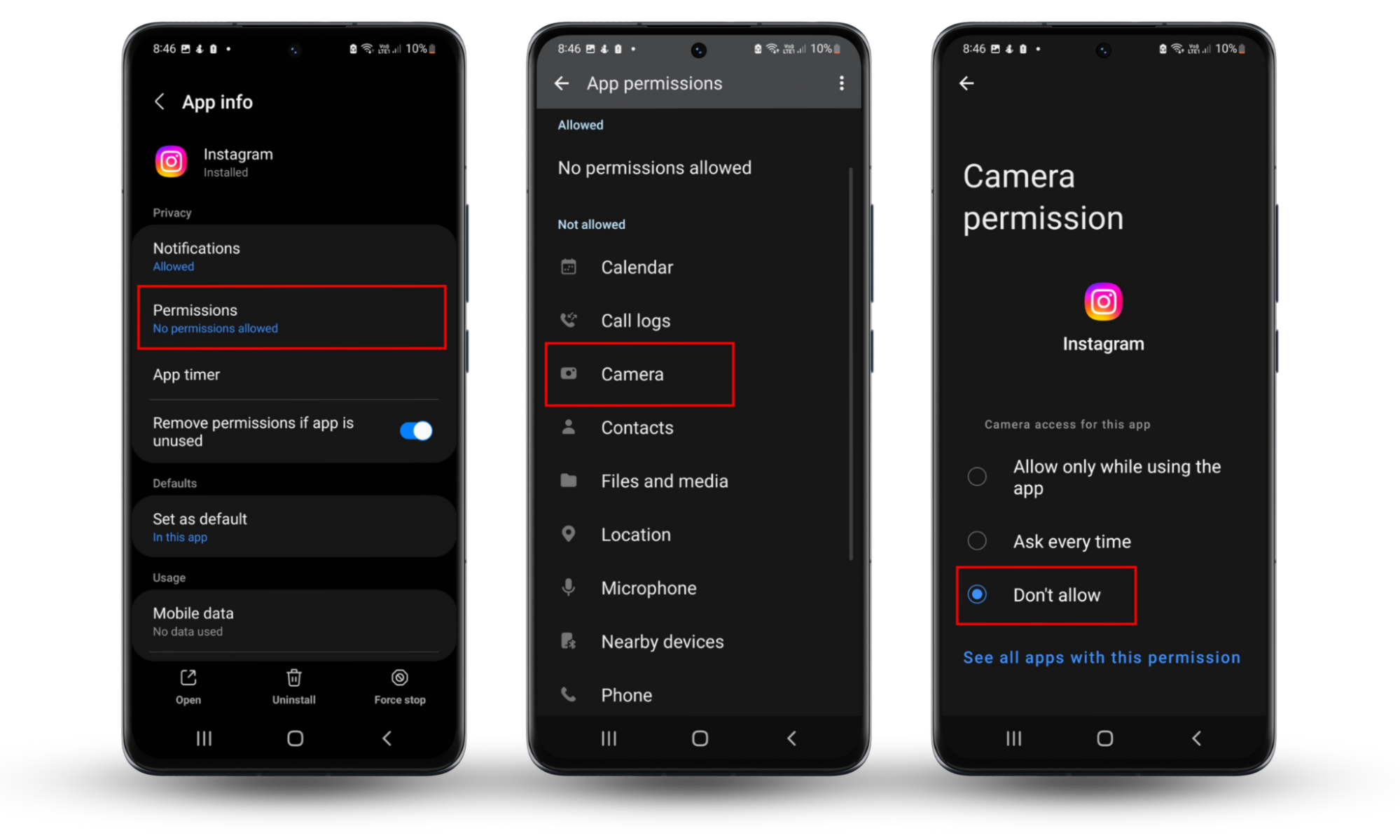 A screenshot of an Android screen showing how to change Instagram's camera permissions to don't allow to stop Instagram from spying on you. A screenshot of an Android screen showing how to change Instagram's camera permissions to don't allow to stop Instagram from spying on you.