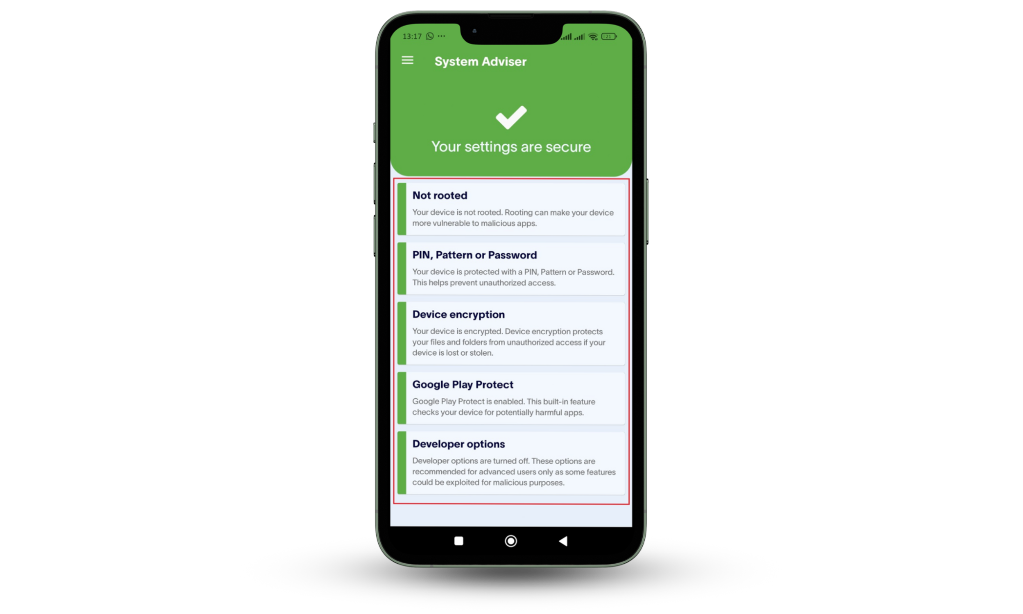 Clario vs Certo: Certo AntiSpy app System Adviser showing details on phone root status, PIN protection, encryption, Google Play Protect, and developer options. Clario vs Certo: Certo AntiSpy app System Adviser showing details on phone root status, PIN protection, encryption, Google Play Protect, and developer options.