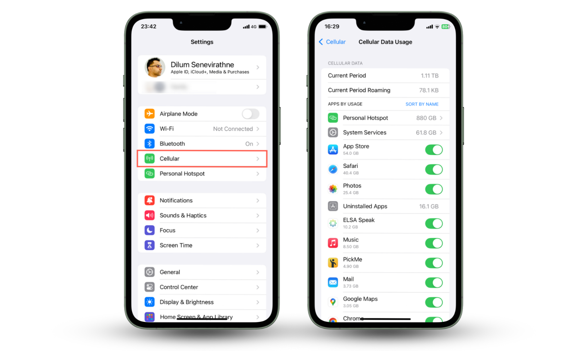 iPhone Settings app screen showing how to check data usage to know who hacked your phone. iPhone Settings app screen showing how to check data usage to know who hacked your phone.
