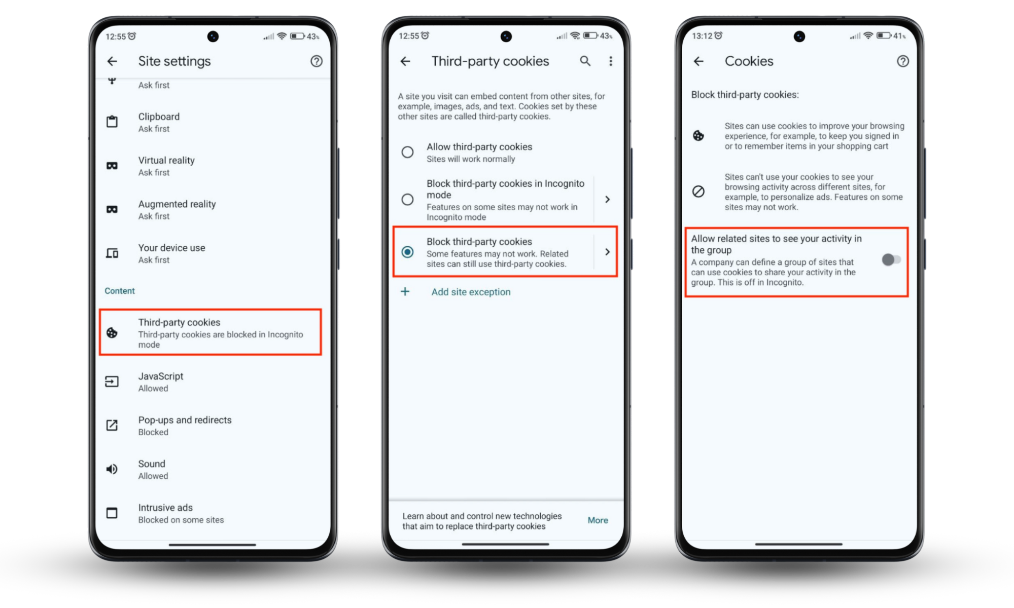 Android device screen showing the steps to disable cookies in Google Chrome on your Android device. Android device screen showing the steps to disable cookies in Google Chrome on your Android device.