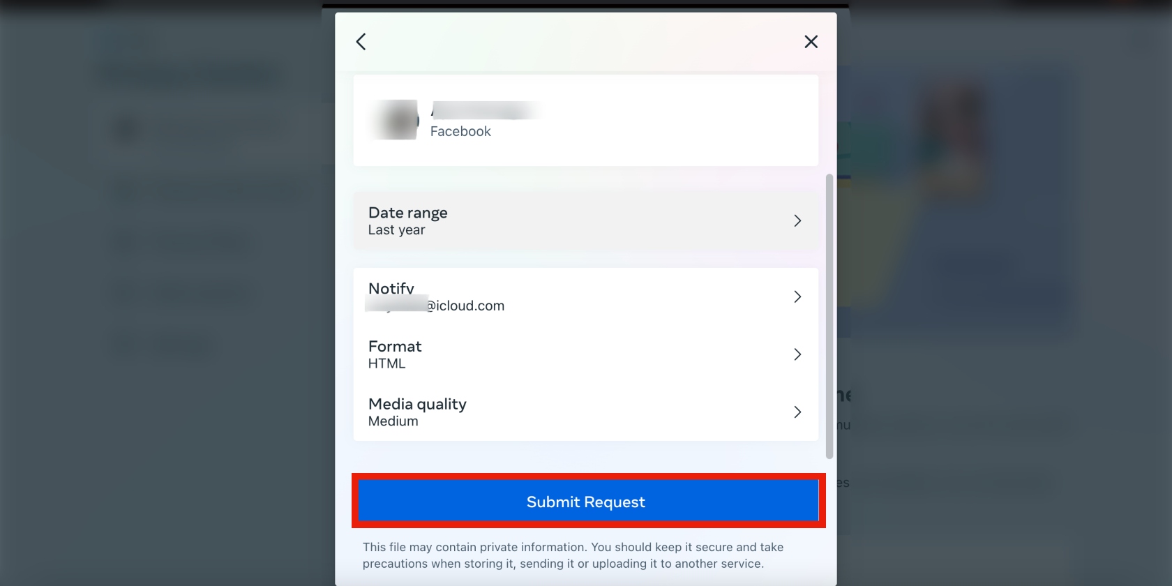 submit request button for data download on Facebook submit request button for data download on Facebook