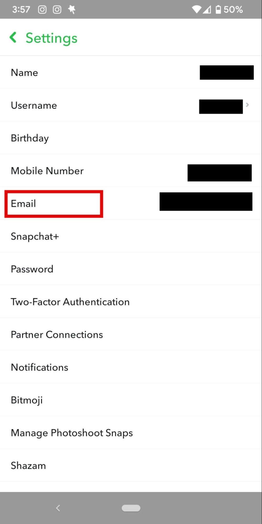 Screenshot of Snapchat mobile app settings screen to show where to verify email address Screenshot of Snapchat mobile app settings screen to show where to verify email address