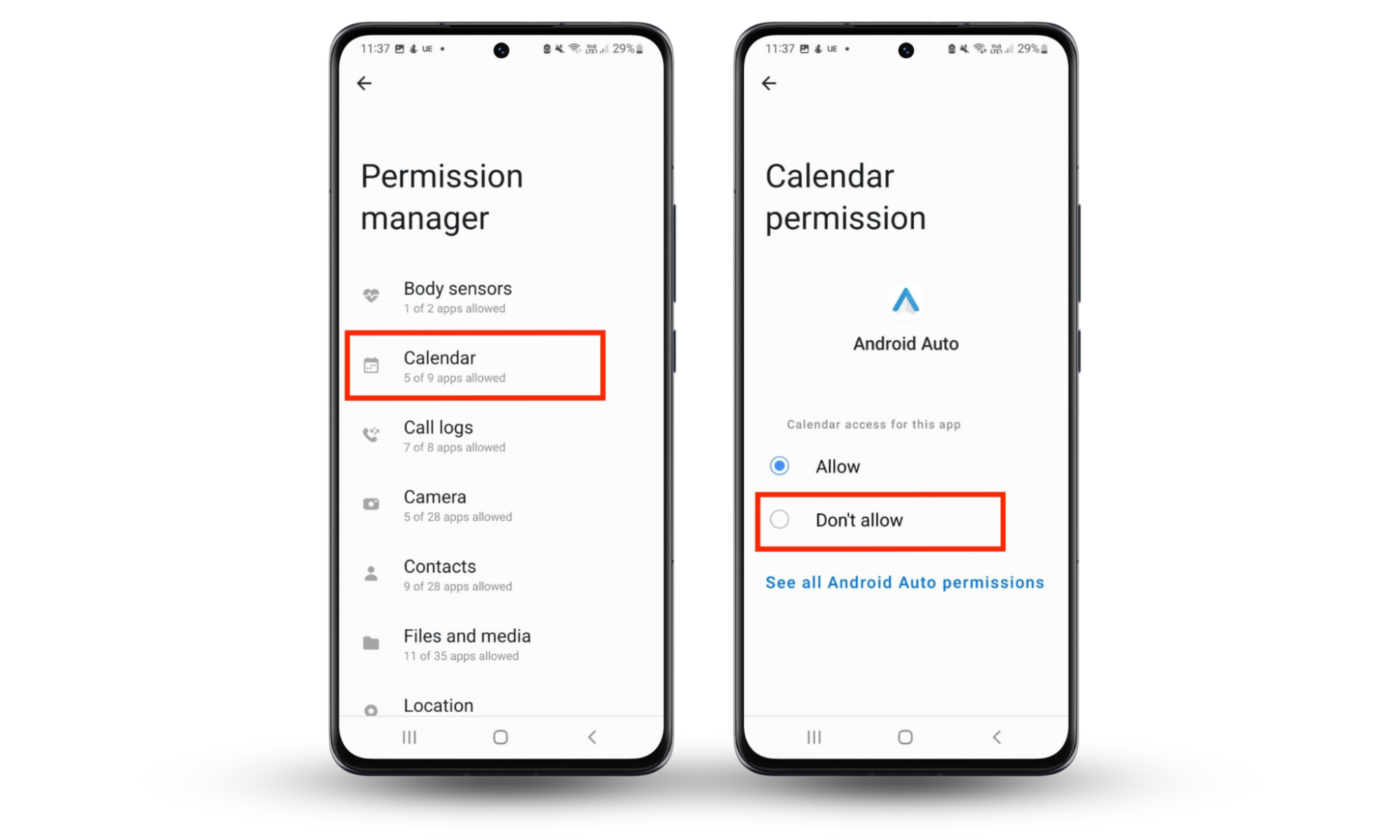 An Android showing how to turn off app permissions. An Android showing how to turn off app permissions.