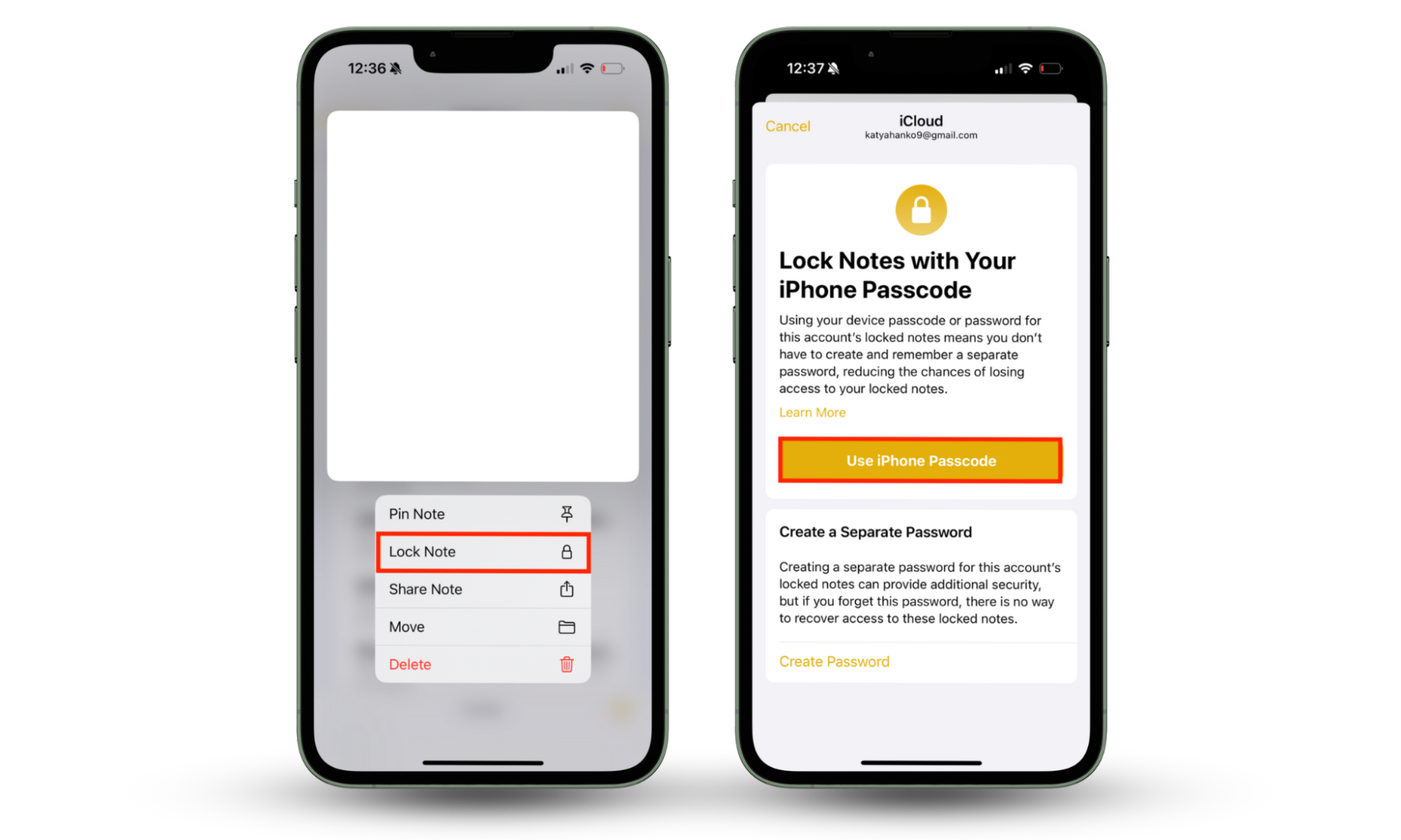 iPhone screenshots showing how to lock a note in the Notes app as a way of setting up a password-protected folder on an iPhone. iPhone screenshots showing how to lock a note in the Notes app as a way of setting up a password-protected folder on an iPhone.