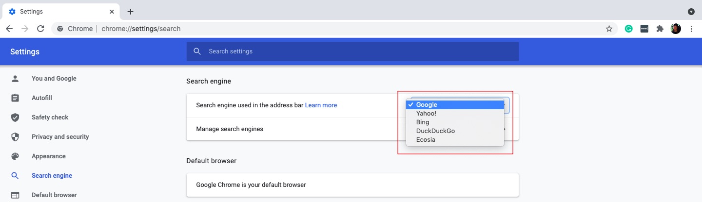 Choose Chrome as the default search engine Choose Chrome as the default search engine