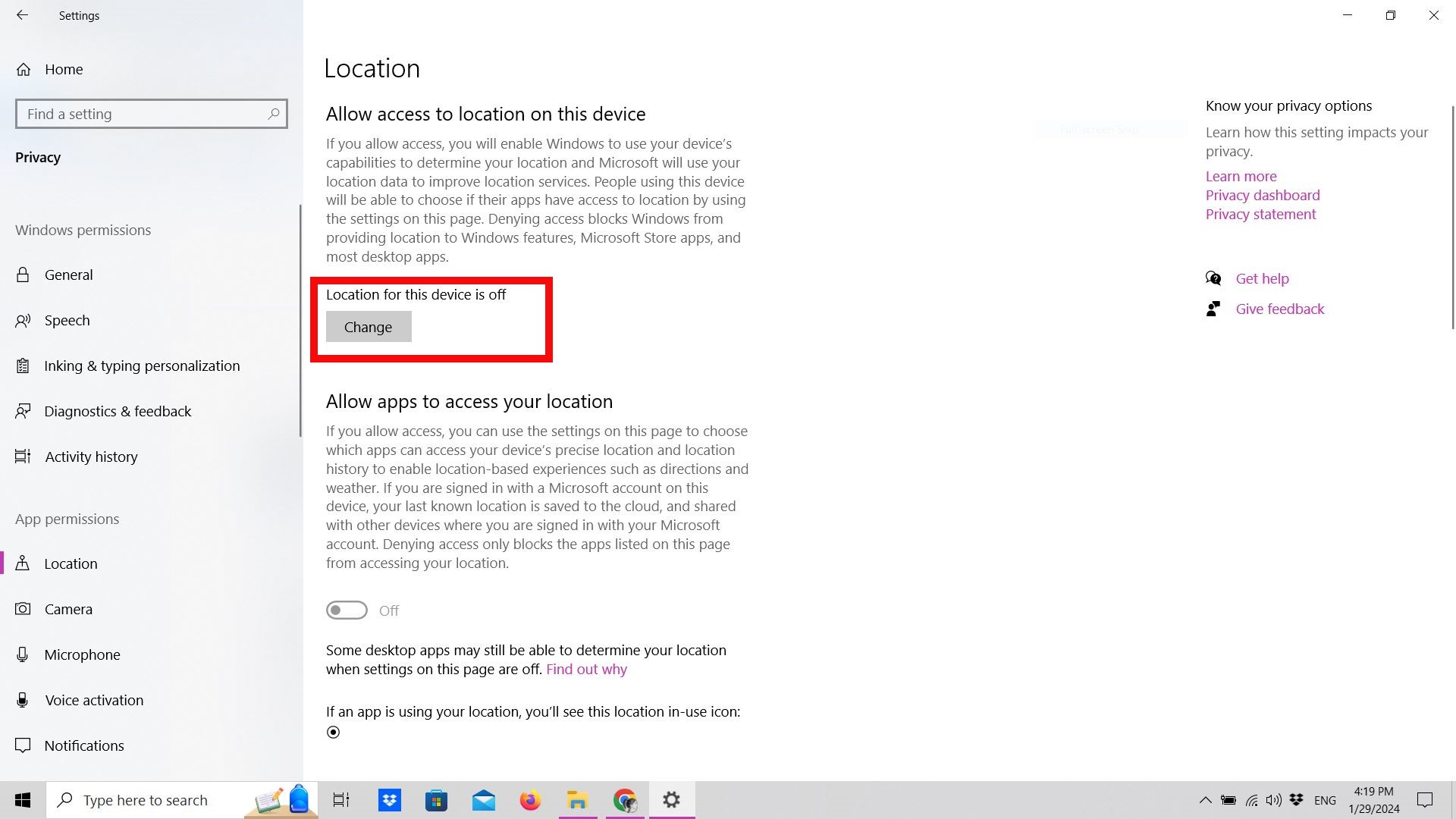 Screenshot of Location privacy settings wit the Change button highlighted Screenshot of Location privacy settings wit the Change button highlighted