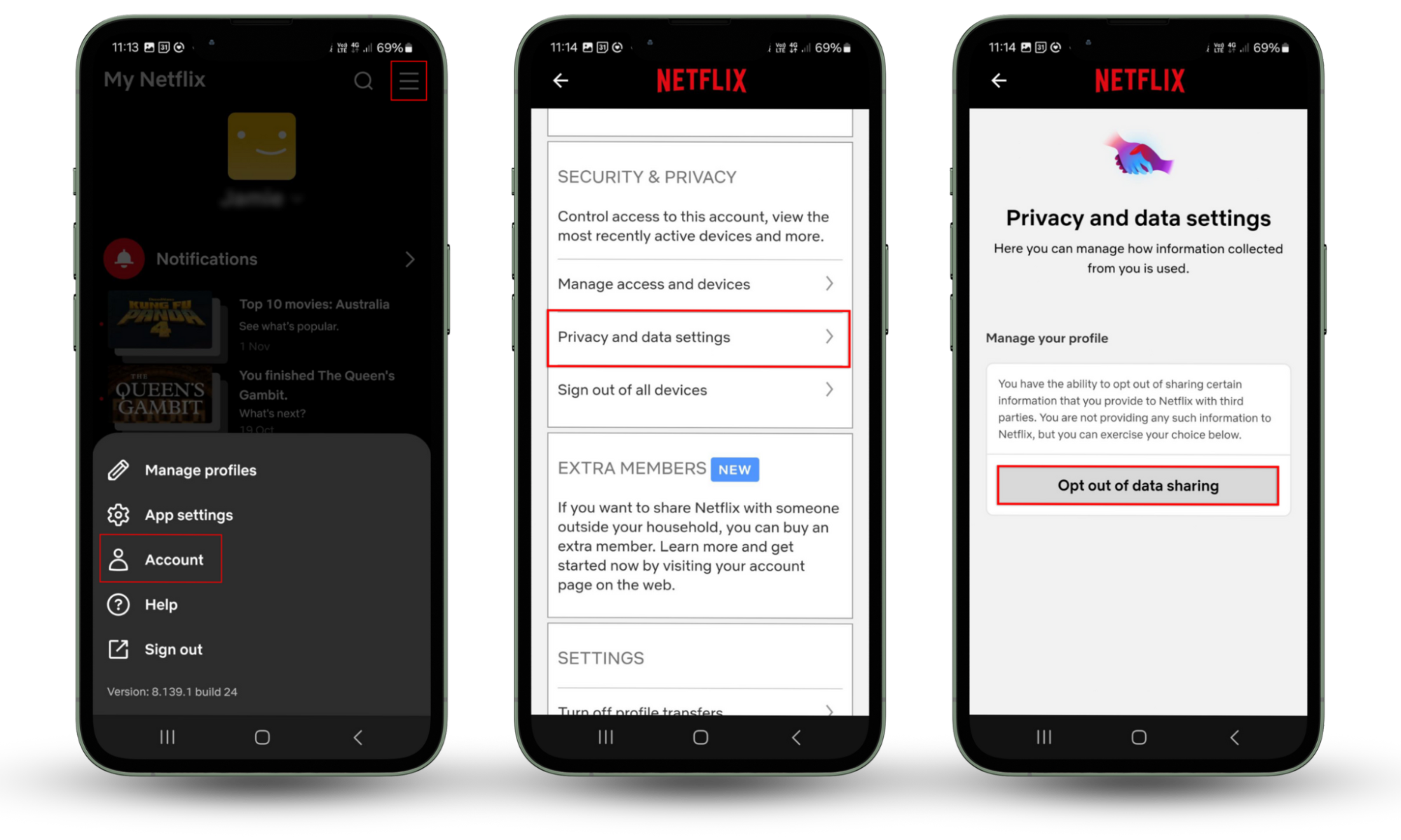 Android screenshots showing how to opt out of data sharing to prevent Netflix from spying on you. Android screenshots showing how to opt out of data sharing to prevent Netflix from spying on you.