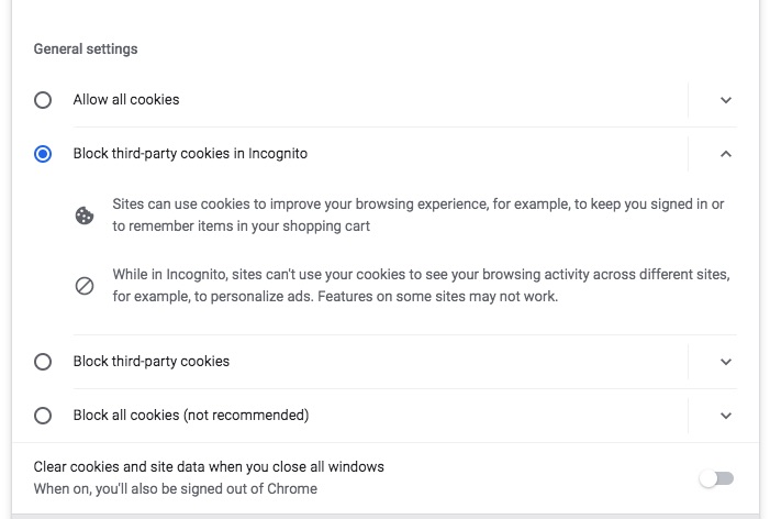 Chrome's Cookie management options Chrome's Cookie management options
