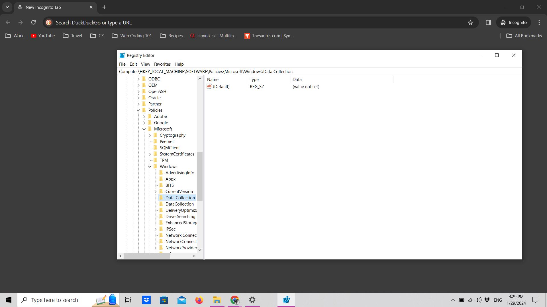 Registry editor window in Windows 10 Registry editor window in Windows 10