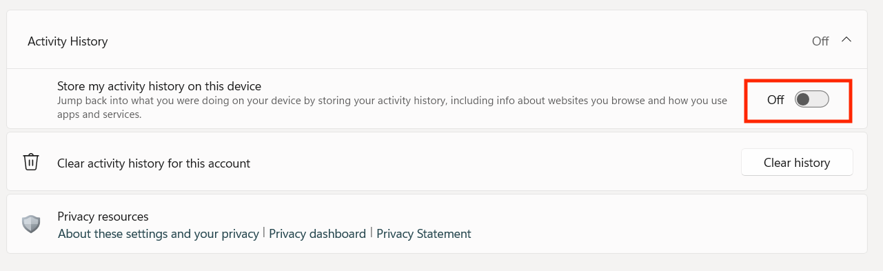 The Store my activity history on this device The Store my activity history on this device